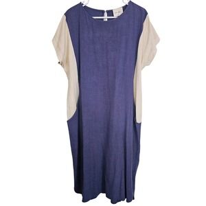 Ella Mara Anthropologie Colorblock Linen Blend‎ Shift Dress Blue Medium Natural
